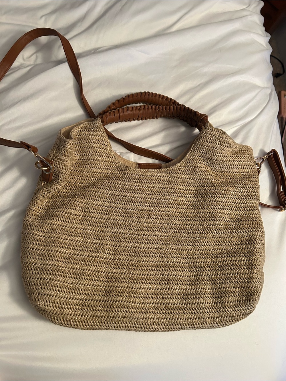 Woven Straw Tote Bag with Brown Leather Trim